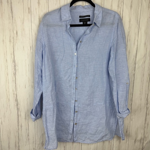 Tahari 100% linen Blue Button Down Shirt Medium - Picture 2 of 5